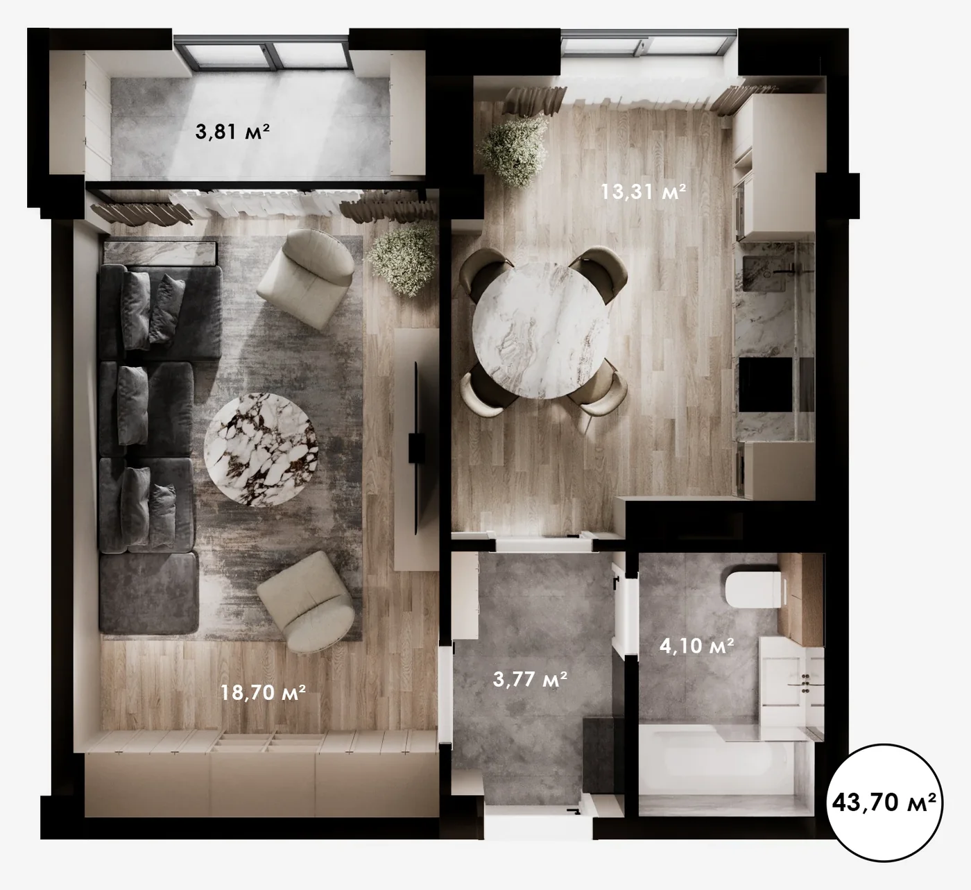 Планировка: 1-комнатная · 43,70 м²