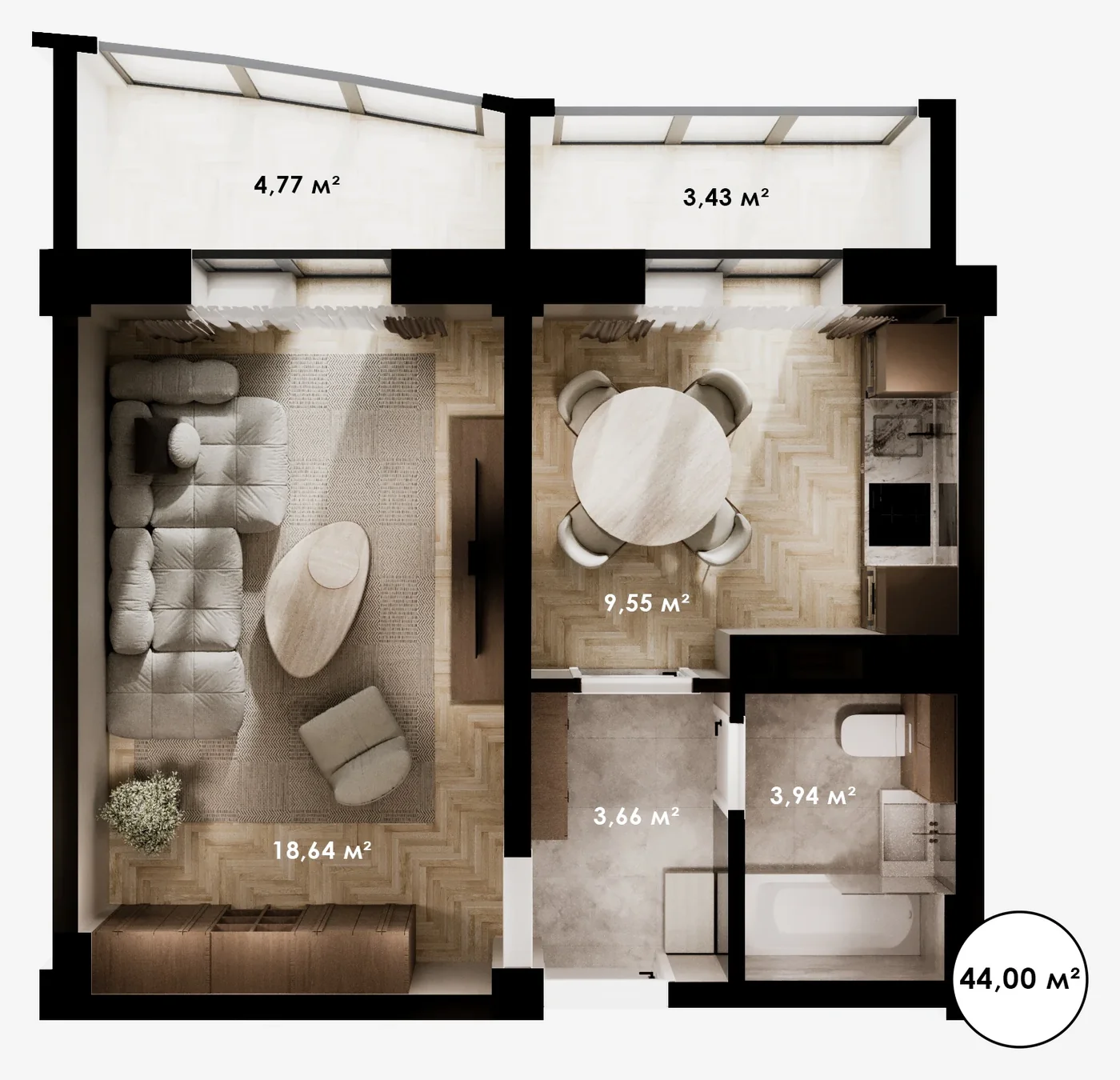 Планировка: 1-комнатная · 44,00 м²
