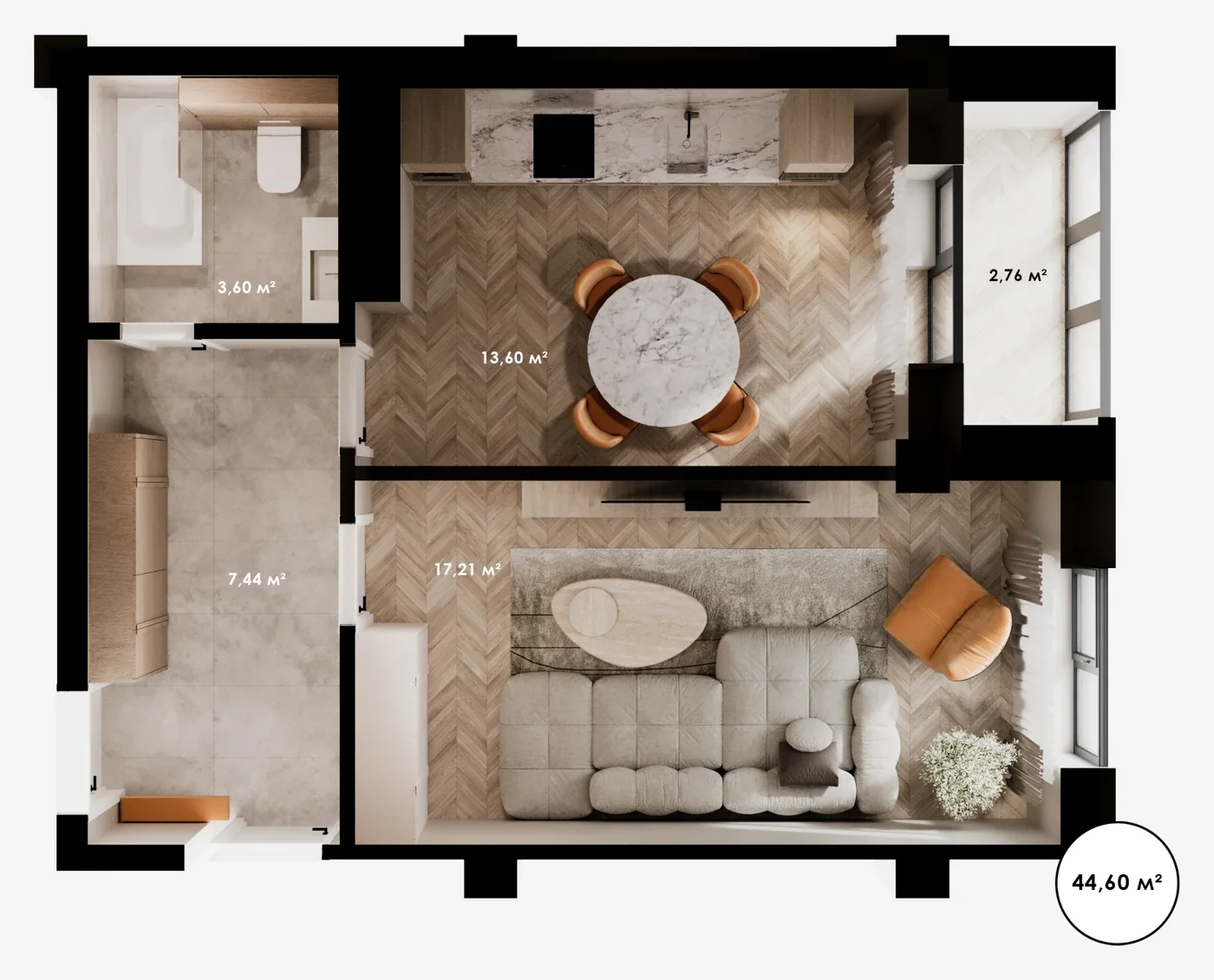 Планировка: 1-комнатная · 44,60 м²