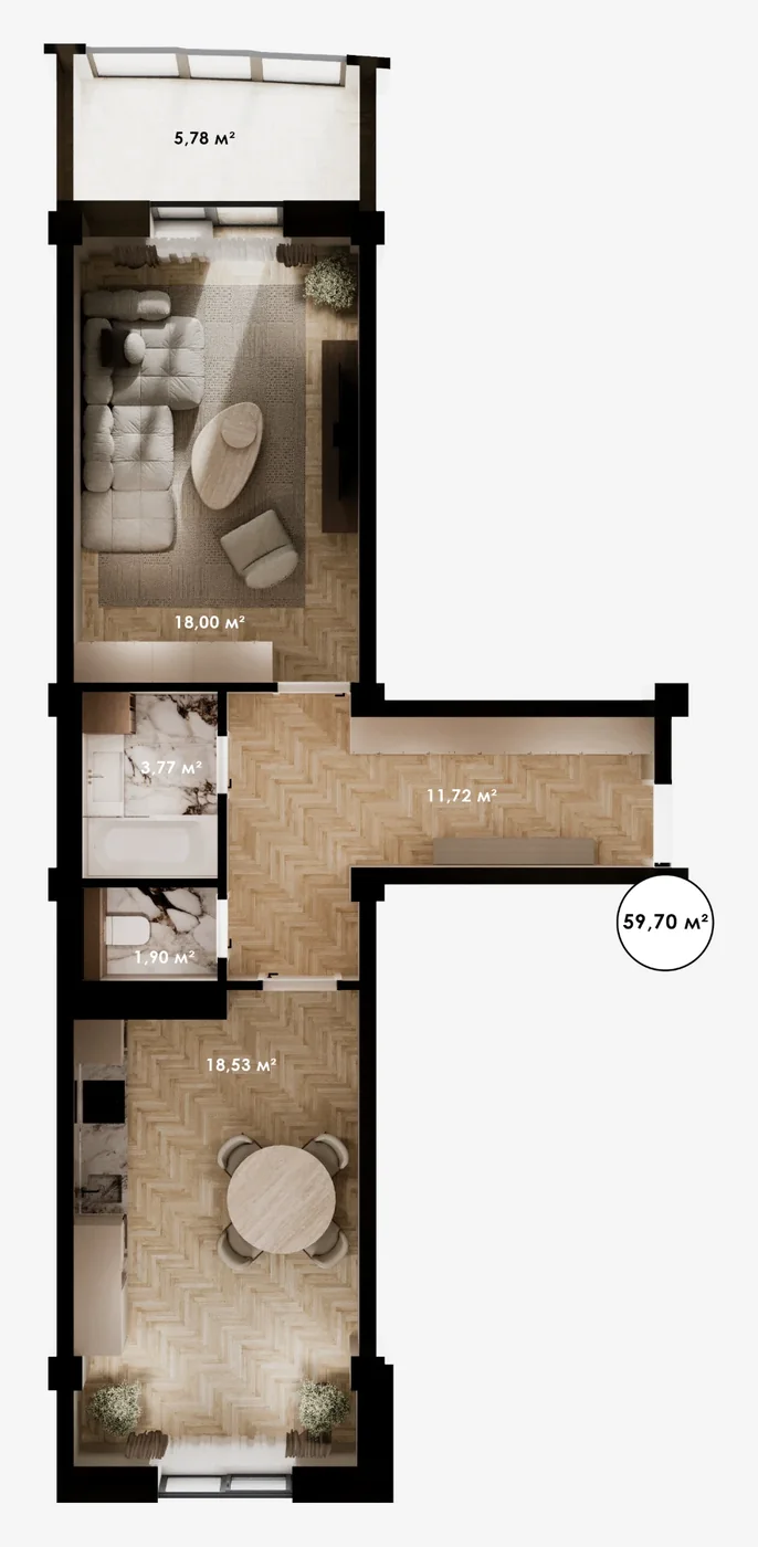Планировка: 1-комнатная · 59,70 м²