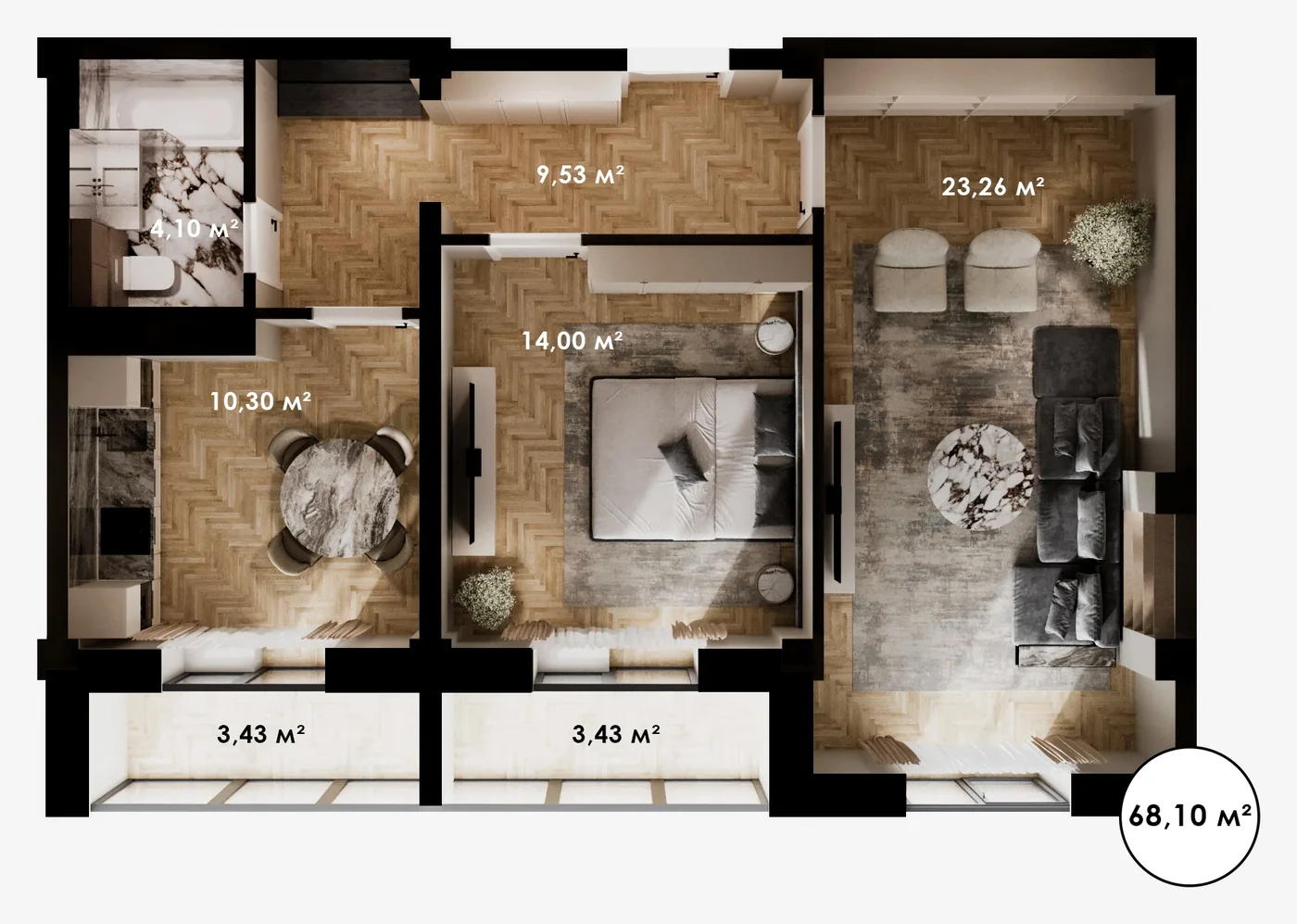 Планировка: 2-комнатная · 68,10 м²