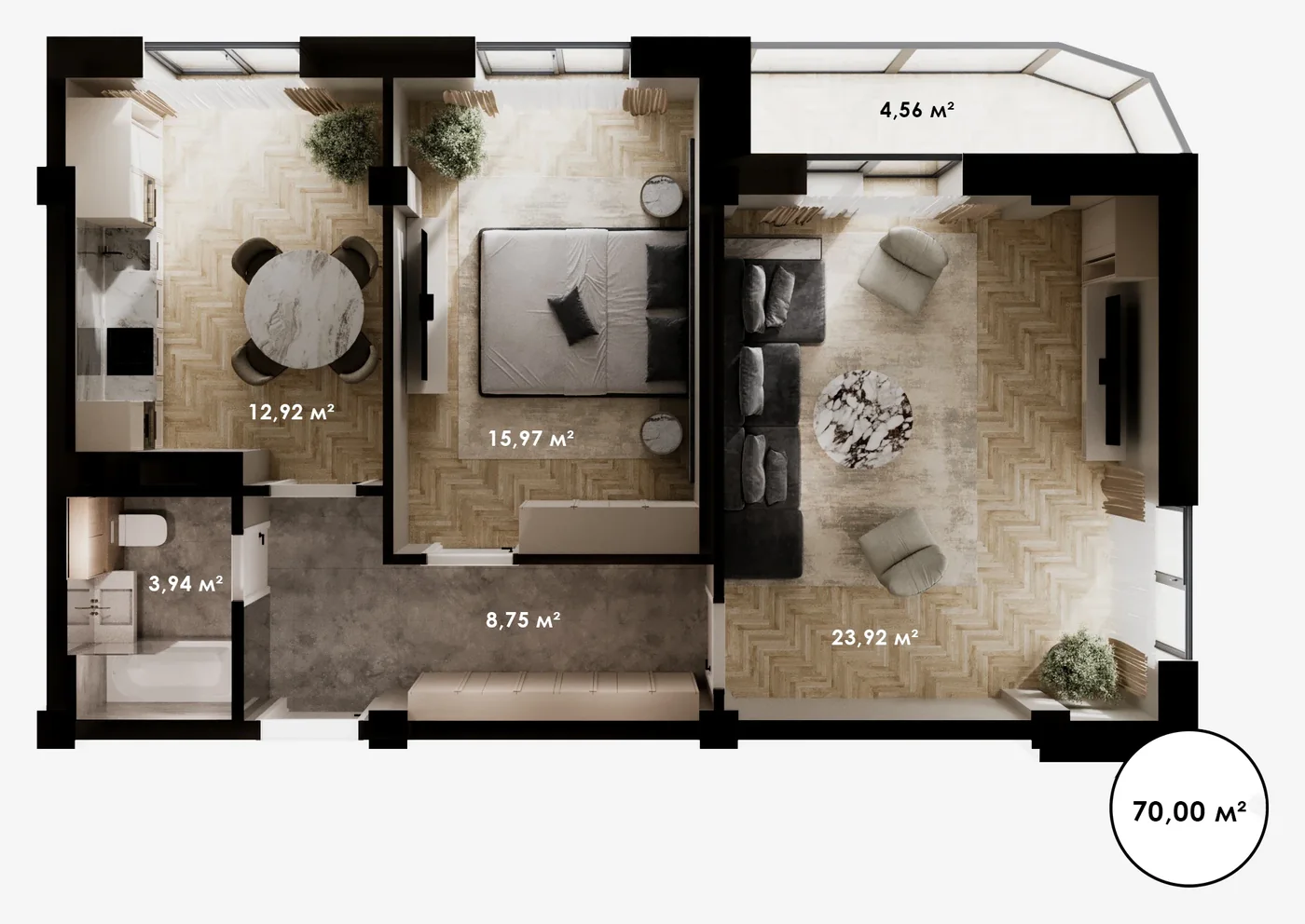 Планировка: 2-комнатная · 70,00 м²