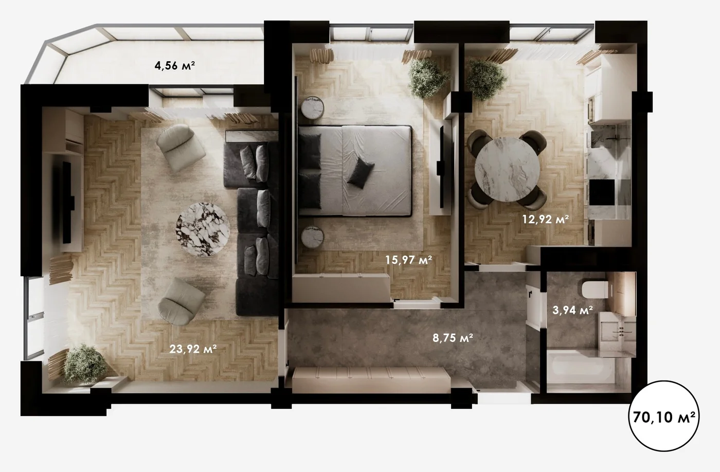 Планировка: 2-комнатная · 70,10 м²
