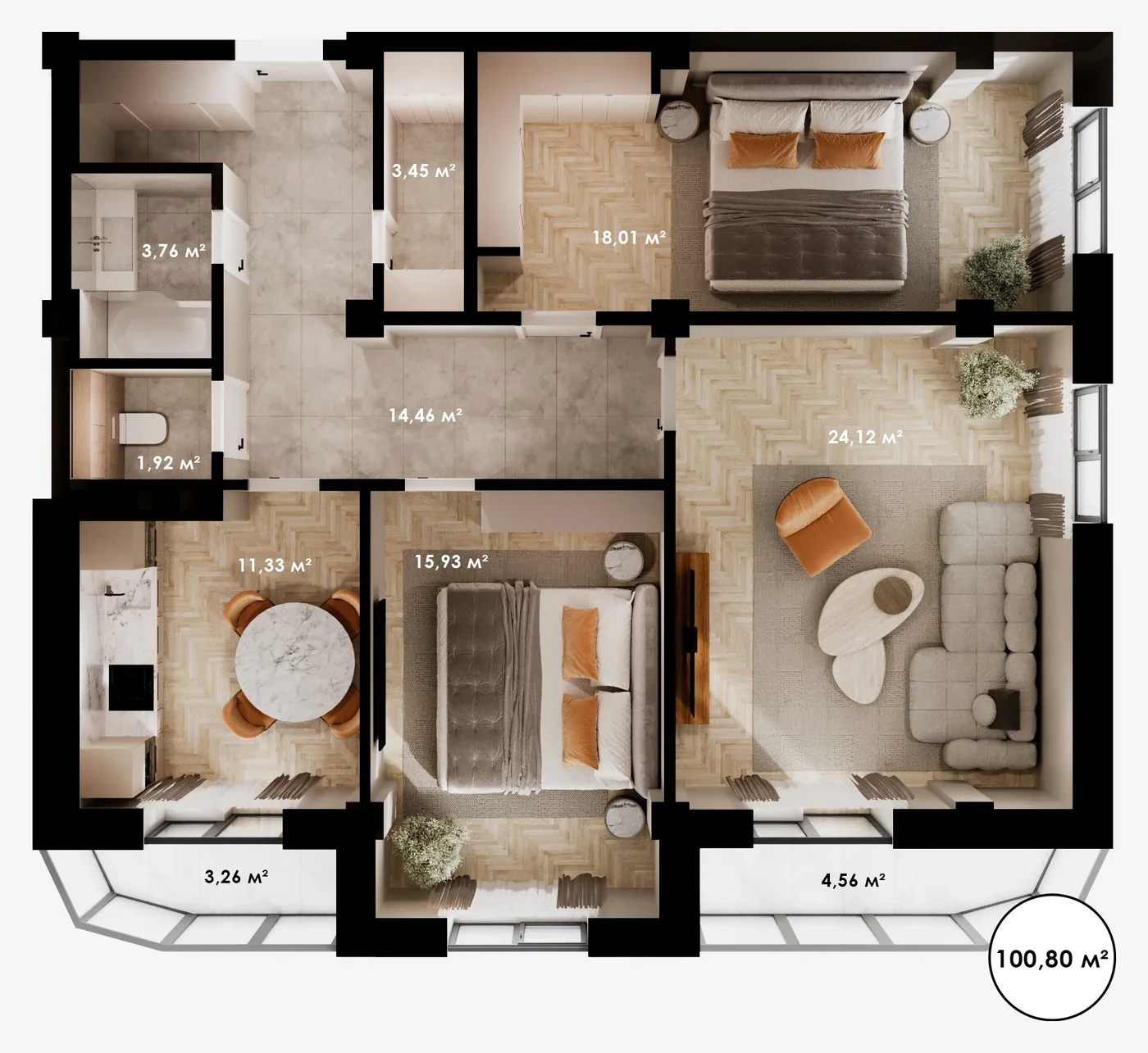 Планировка: 3-комнатная · 100,80 м²